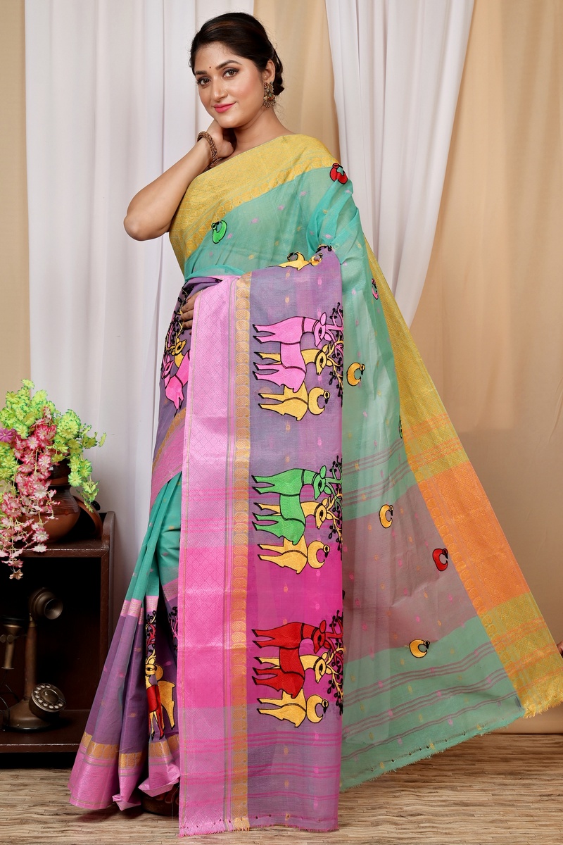 Green and Pink Pure Cotton Embi Ganga Indra Tant Embroidery (1588)