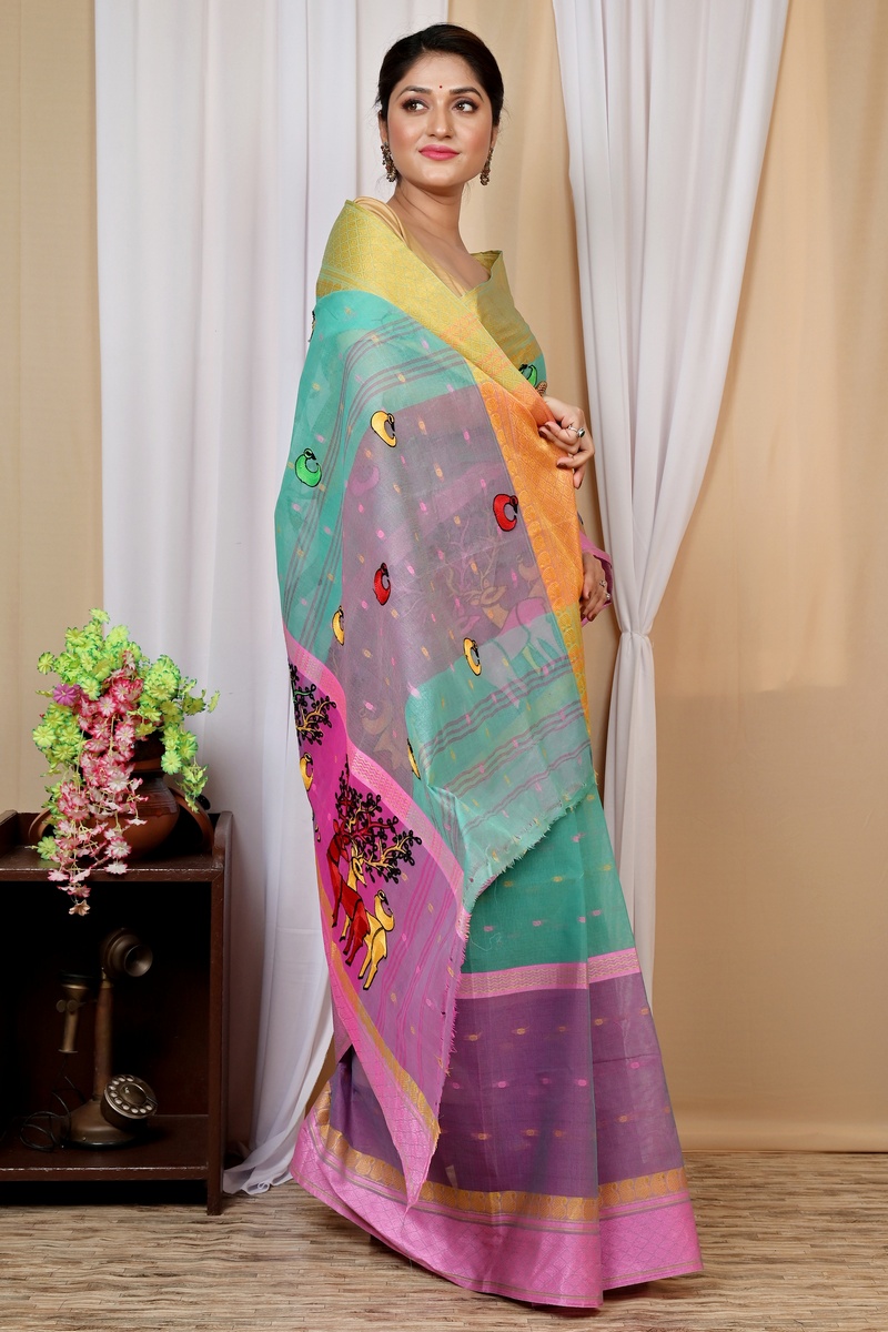 Green and Pink Pure Cotton Embi Ganga Indra Tant Embroidery (1588)
