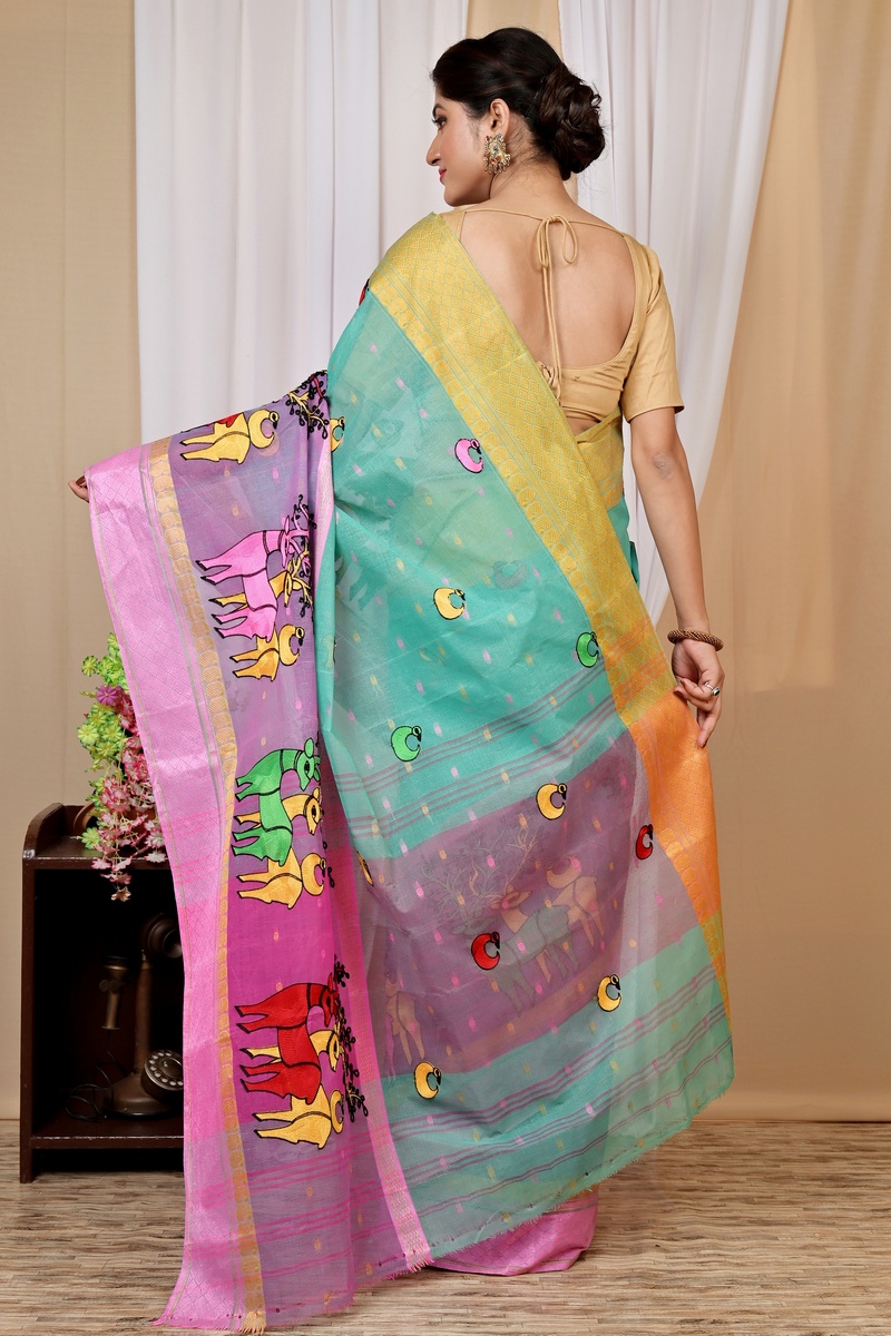 Green and Pink Pure Cotton Embi Ganga Indra Tant Embroidery (1588)