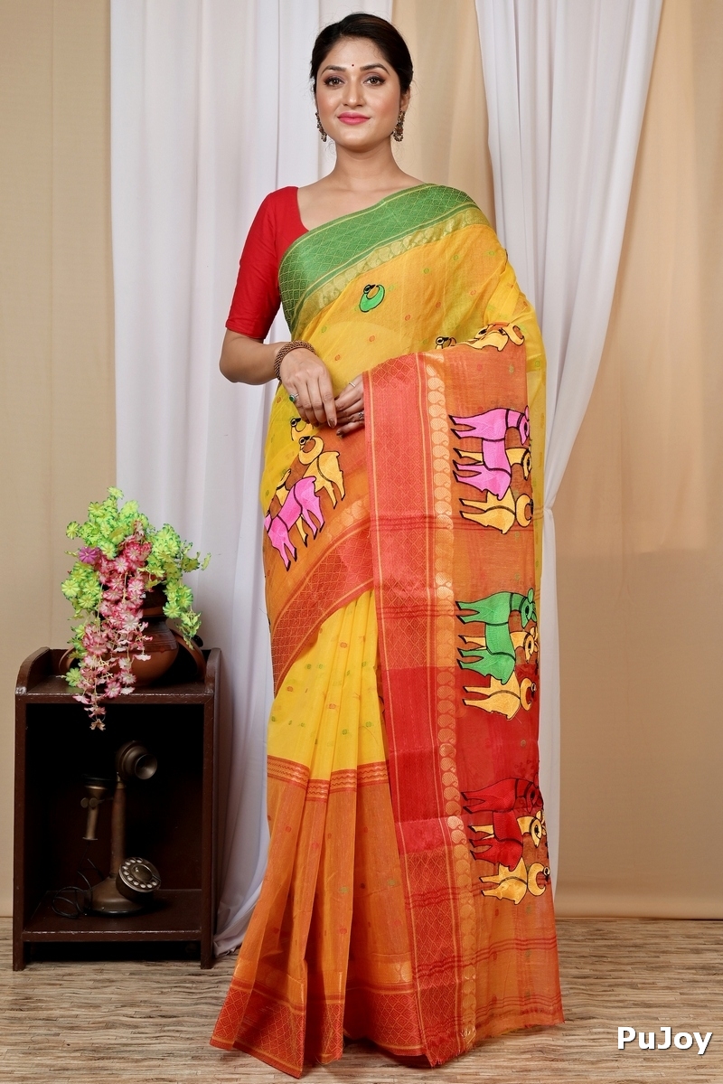 Yellow Red Pure Cotton Embi Ganga Indra Tant Embroidery (1589)