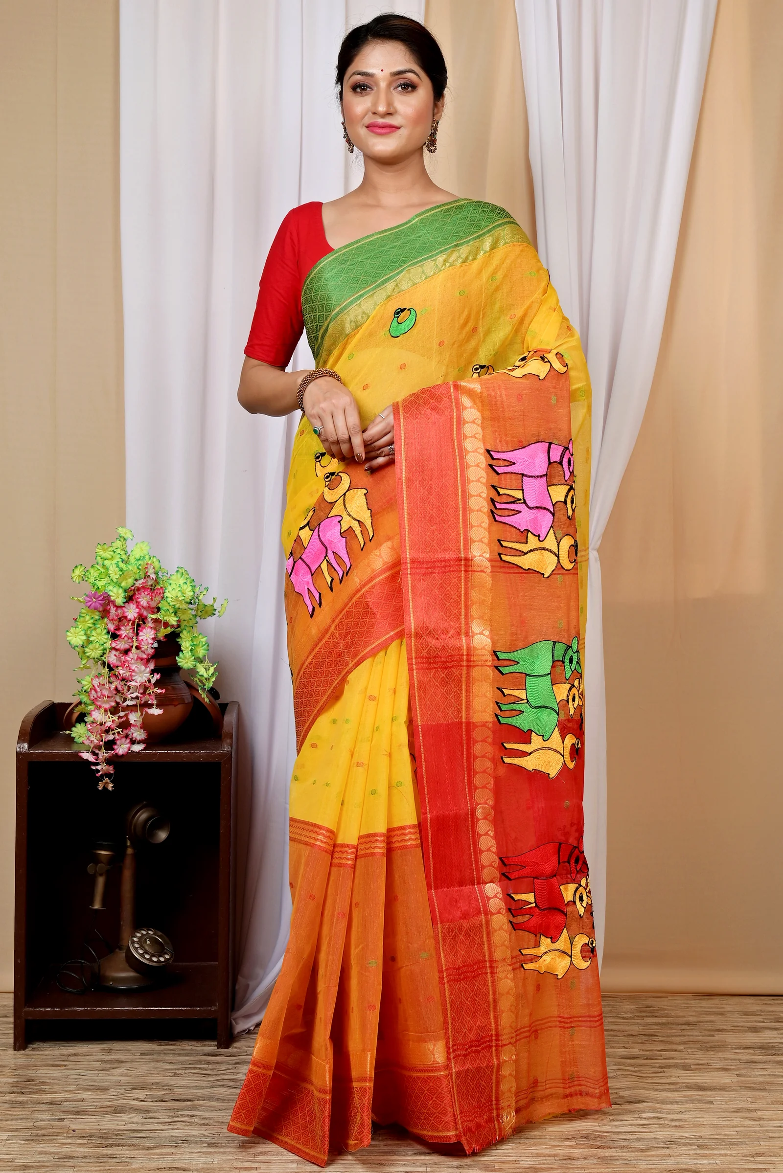 Yellow Red Pure Cotton Embi Ganga Indra Tant Embroidery (1589)
