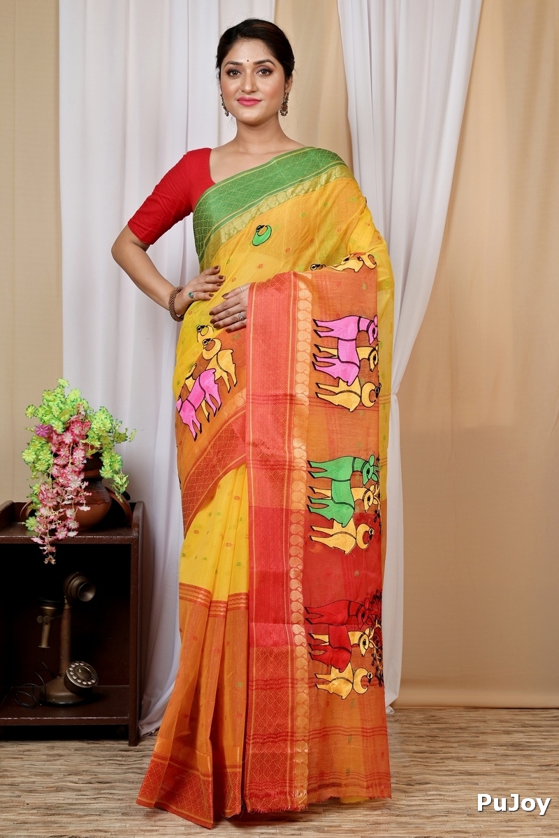 Yellow Red Pure Cotton Embi Ganga Indra Tant Embroidery (1589)
