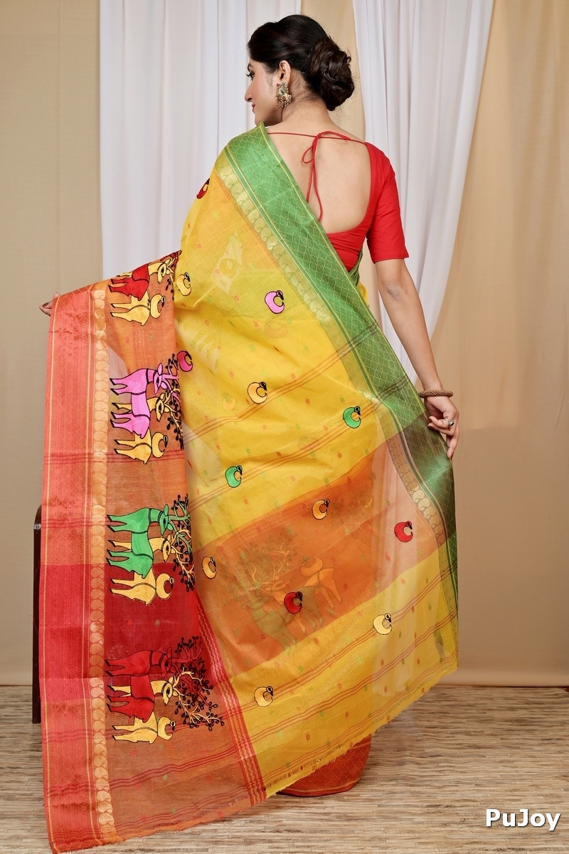 Yellow Red Pure Cotton Embi Ganga Indra Tant Embroidery (1589)