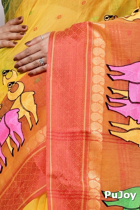 Yellow Red Pure Cotton Embi Ganga Indra Tant Embroidery (1589)