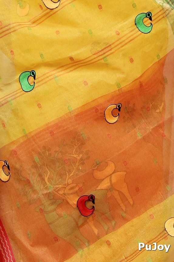 Yellow Red Pure Cotton Embi Ganga Indra Tant Embroidery (1589)