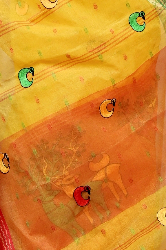 Yellow Red Pure Cotton Embi Ganga Indra Tant Embroidery (1589)