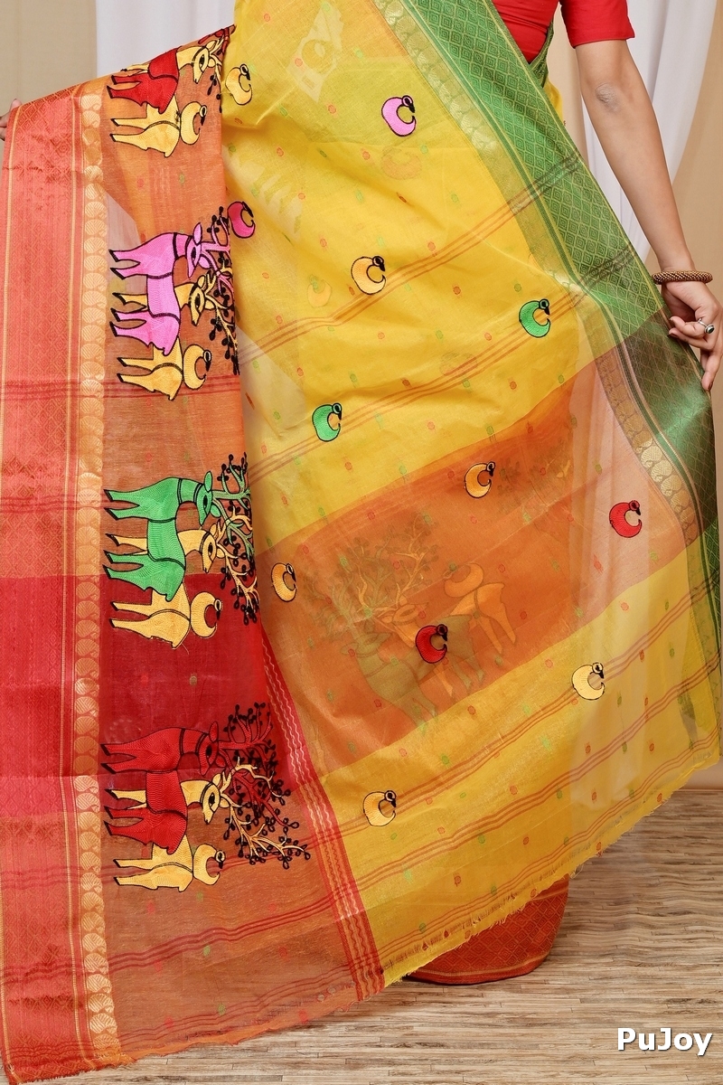 Yellow Red Pure Cotton Embi Ganga Indra Tant Embroidery (1589)