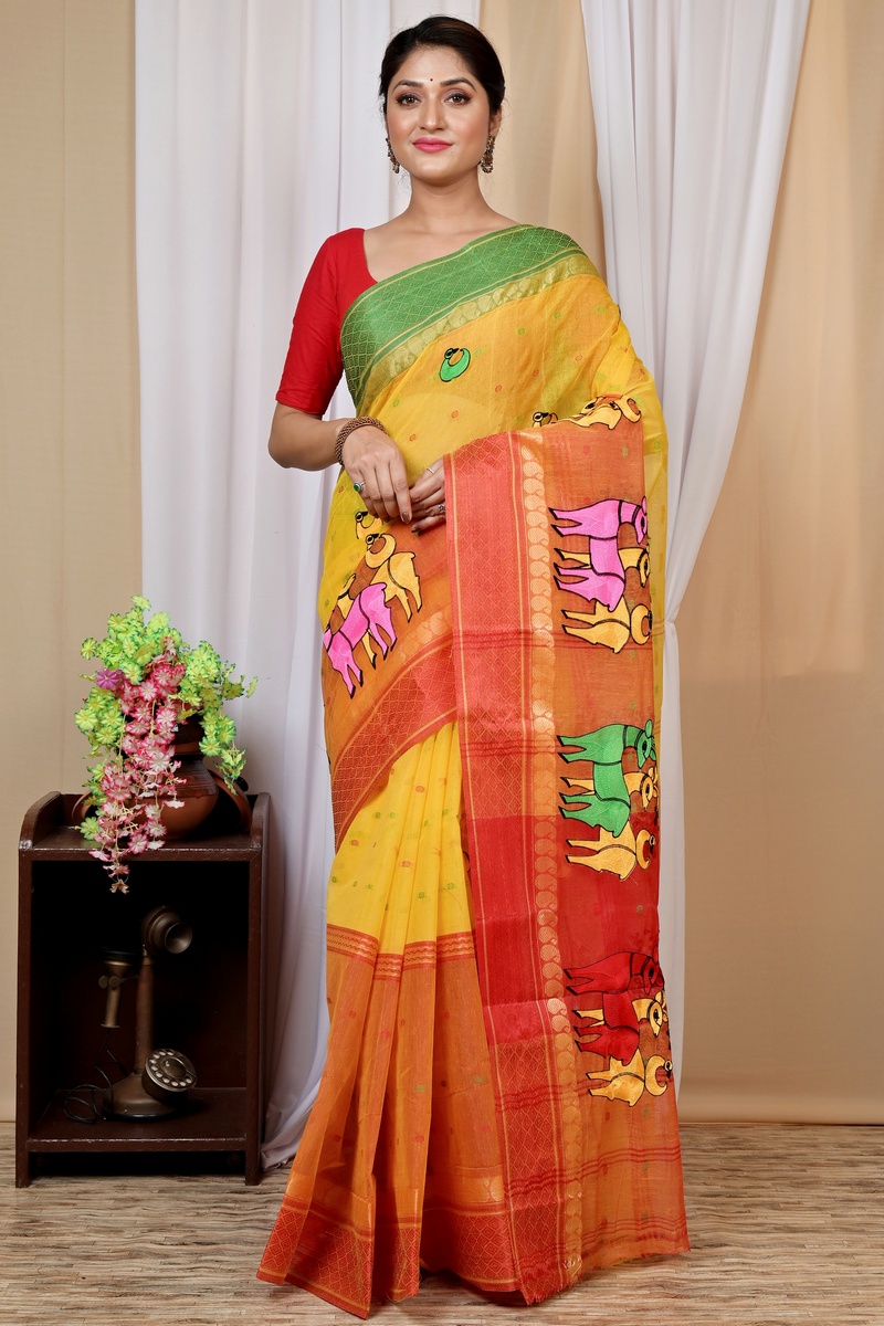Yellow Red Pure Cotton Embi Ganga Indra Tant Embroidery (1589)
