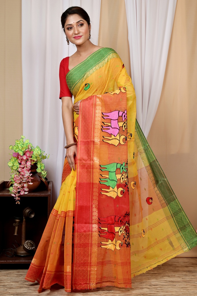 Yellow Red Pure Cotton Embi Ganga Indra Tant Embroidery (1589)