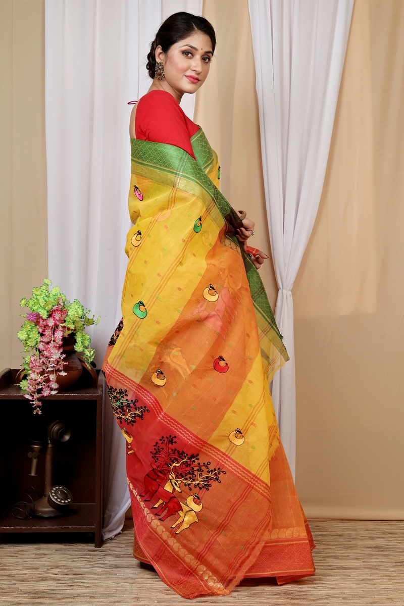 Yellow Red Pure Cotton Embi Ganga Indra Tant Embroidery (1589)