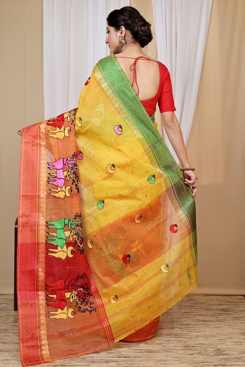 Yellow Red Pure Cotton Embi Ganga Indra Tant Embroidery (1589)