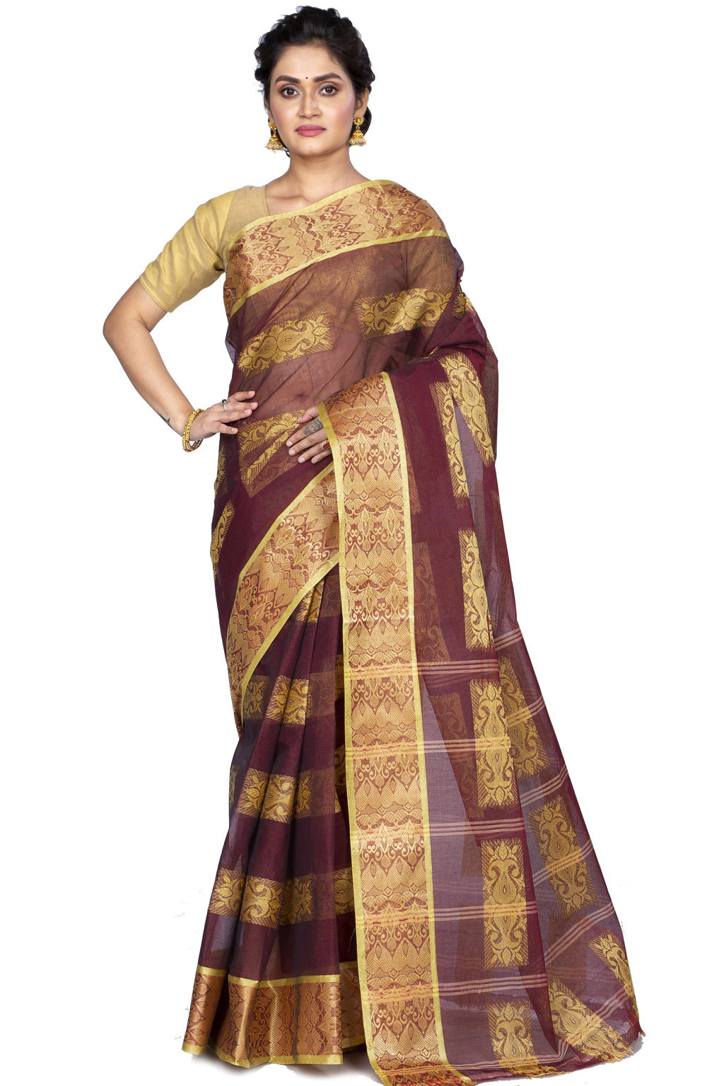 Brown Pure Cotton Strip Suparna Tant Saree (159)