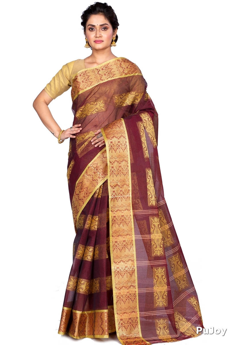 Brown Pure Cotton Strip Suparna Tant Saree (159)