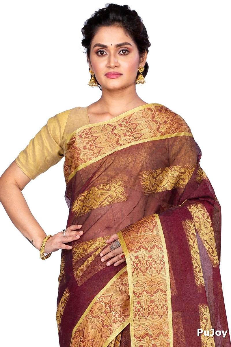 Brown Pure Cotton Strip Suparna Tant Saree (159)