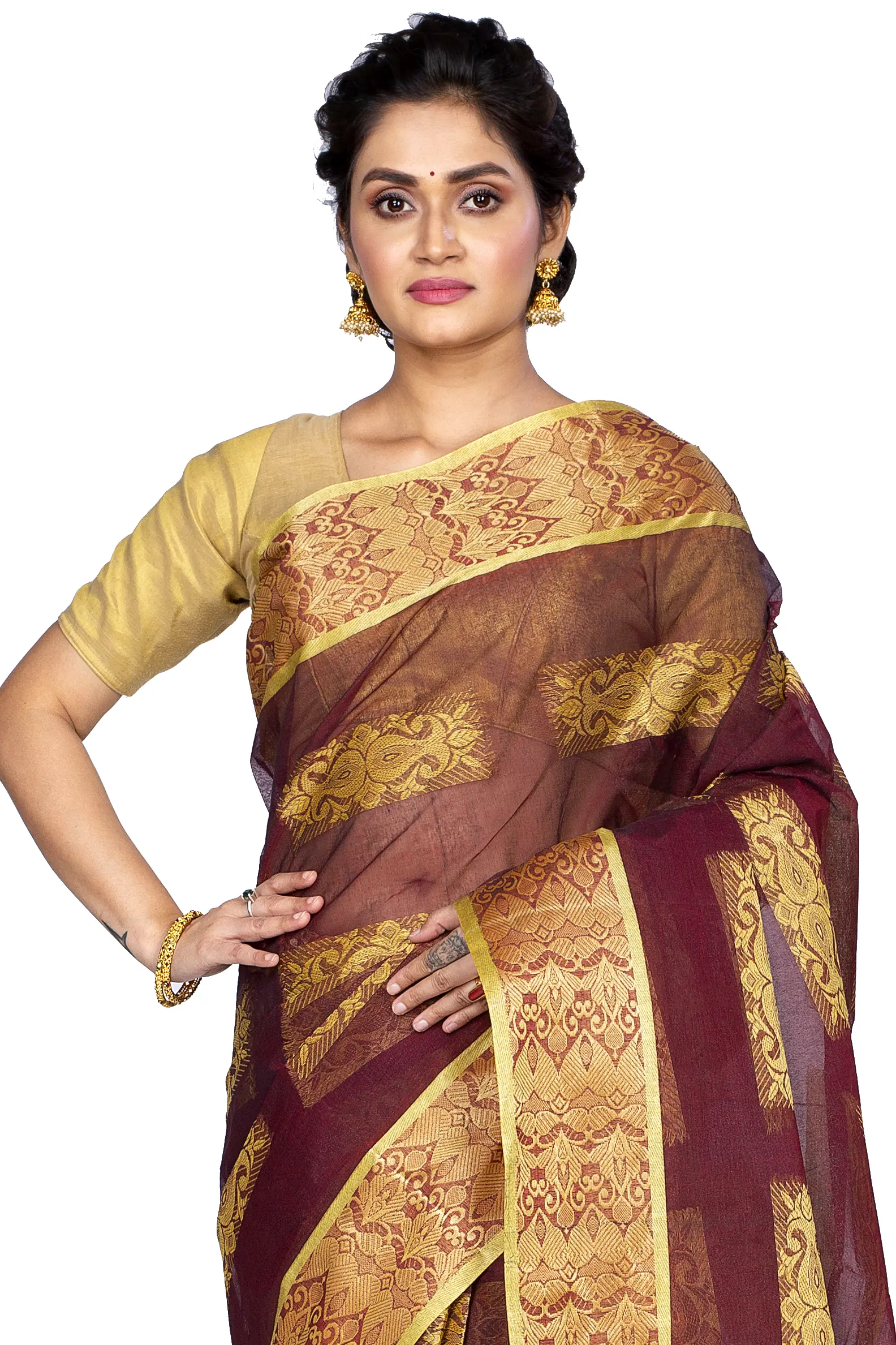 Brown Pure Cotton Strip Suparna Tant Saree (159)
