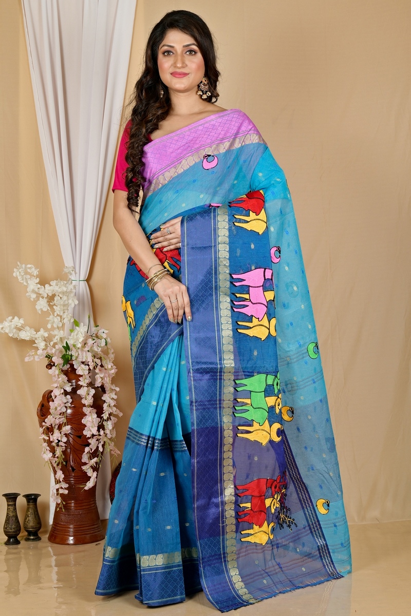 Blue Pure Cotton Embi Ganga Indra Tant Embroidery (1590)