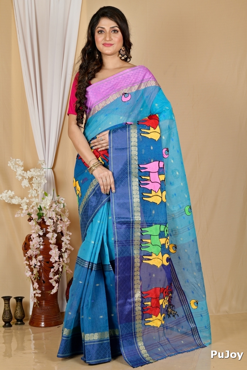 Blue Pure Cotton Embi Ganga Indra Tant Embroidery (1590)