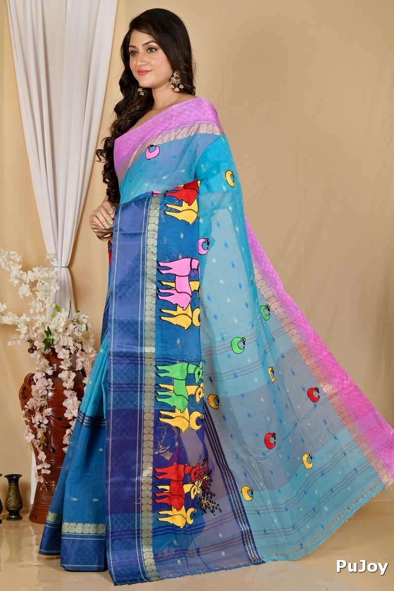 Blue Pure Cotton Embi Ganga Indra Tant Embroidery (1590)