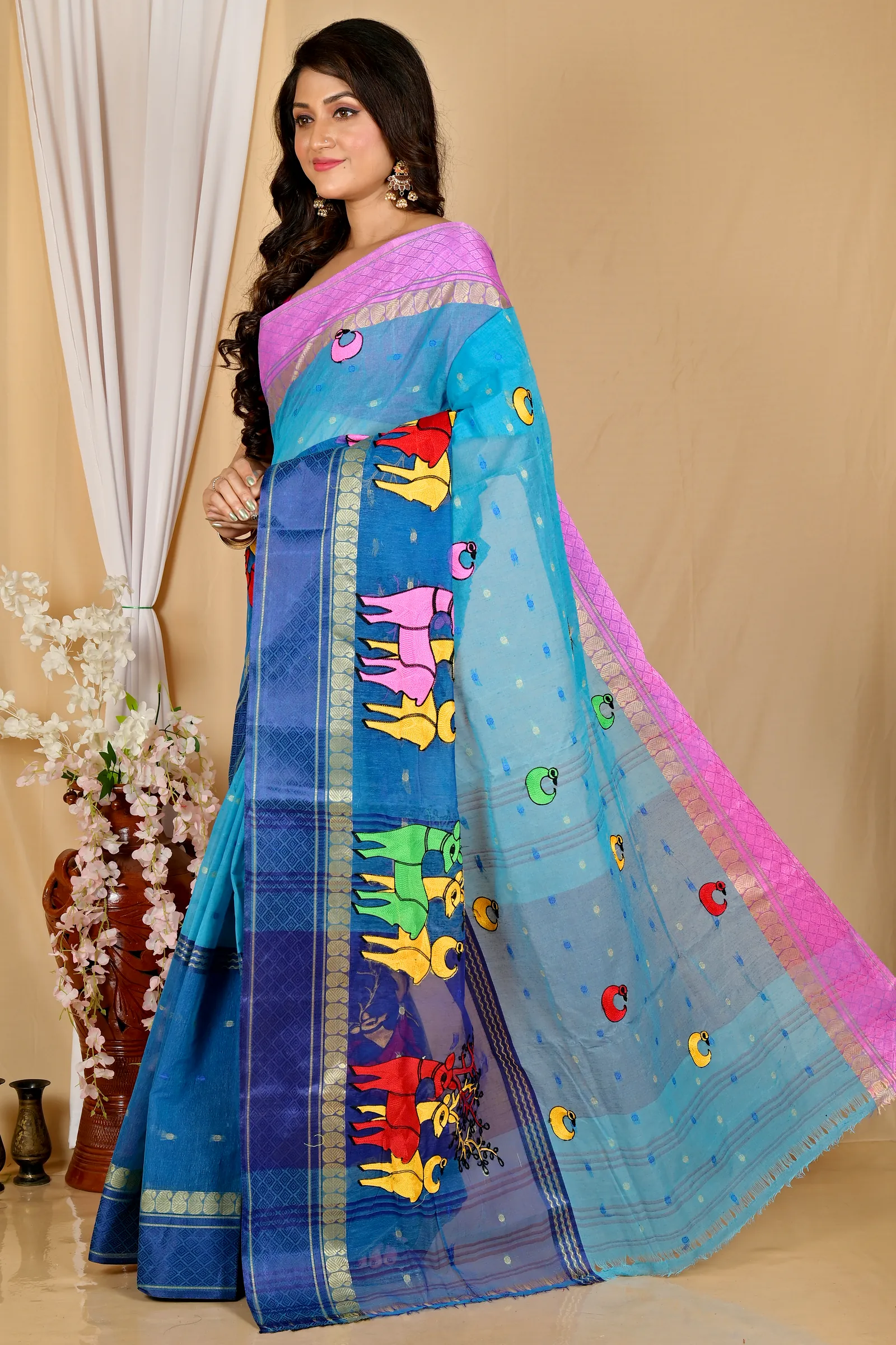Blue Pure Cotton Embi Ganga Indra Tant Embroidery (1590)