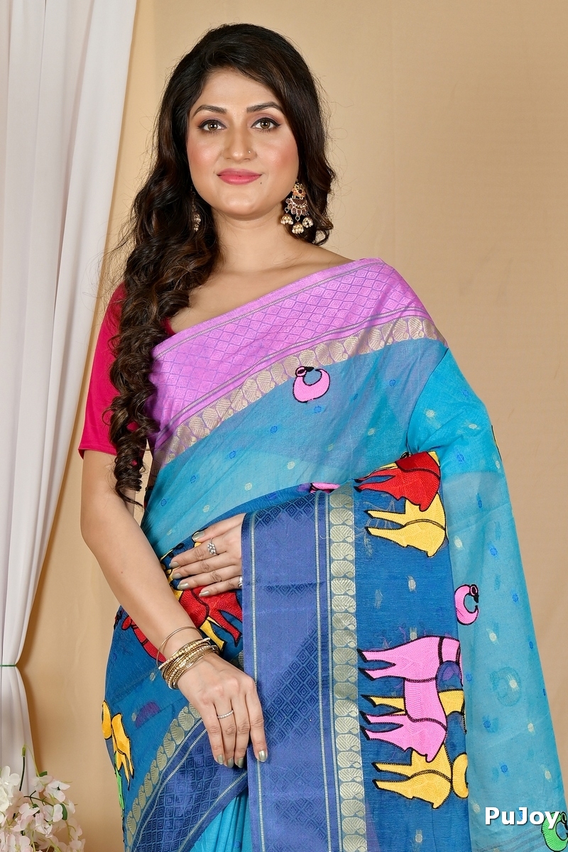 Blue Pure Cotton Embi Ganga Indra Tant Embroidery (1590)