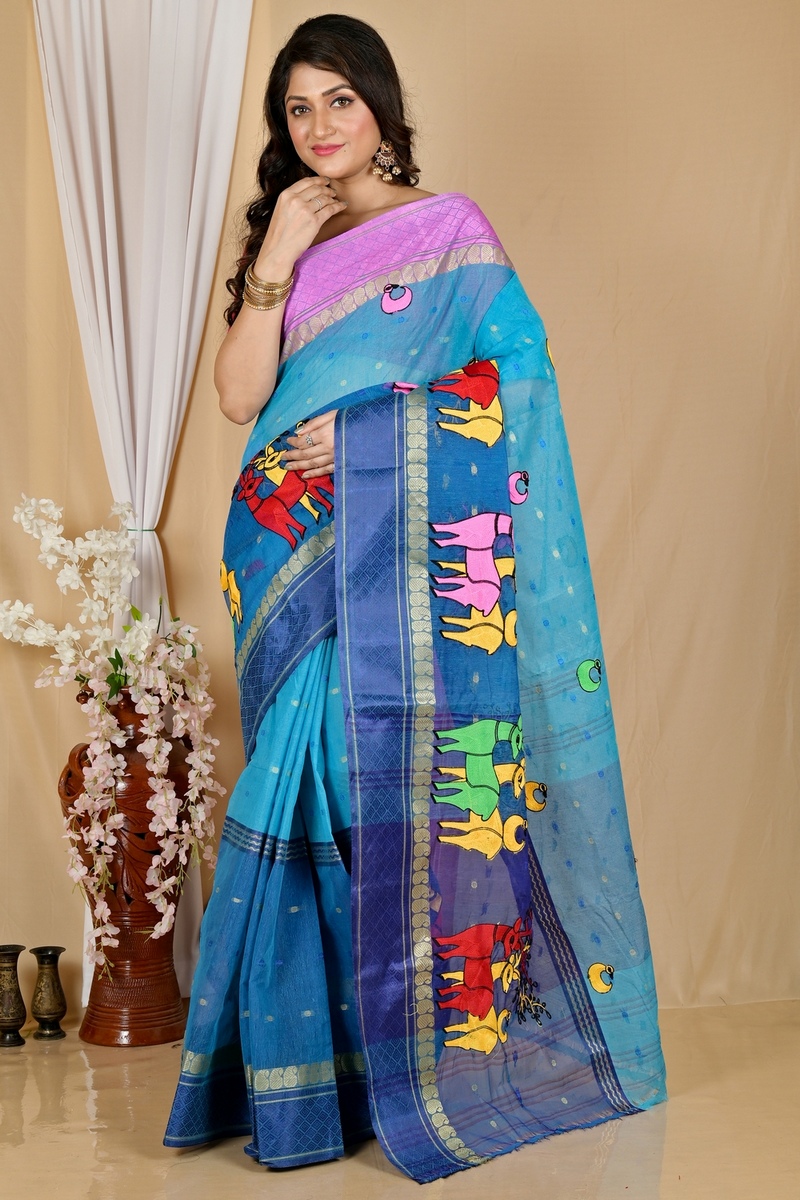 Blue Pure Cotton Embi Ganga Indra Tant Embroidery (1590)