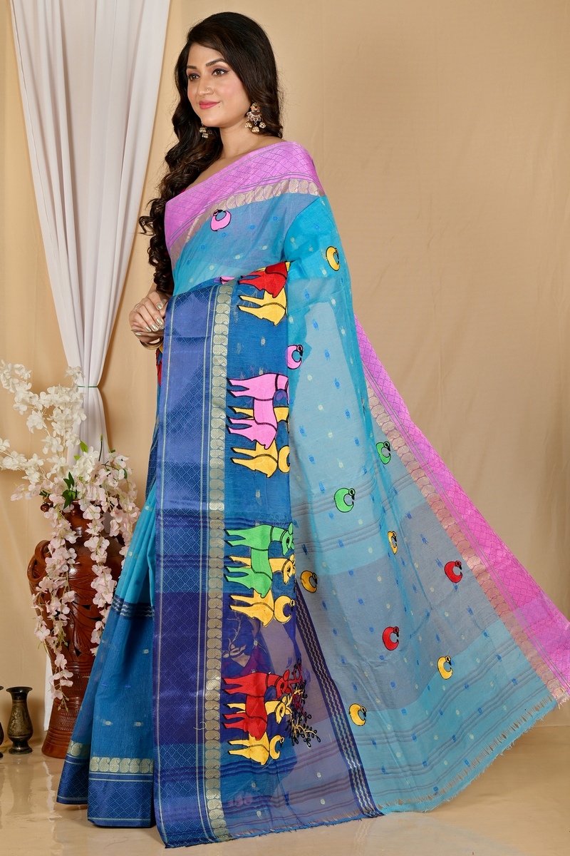 Blue Pure Cotton Embi Ganga Indra Tant Embroidery (1590)