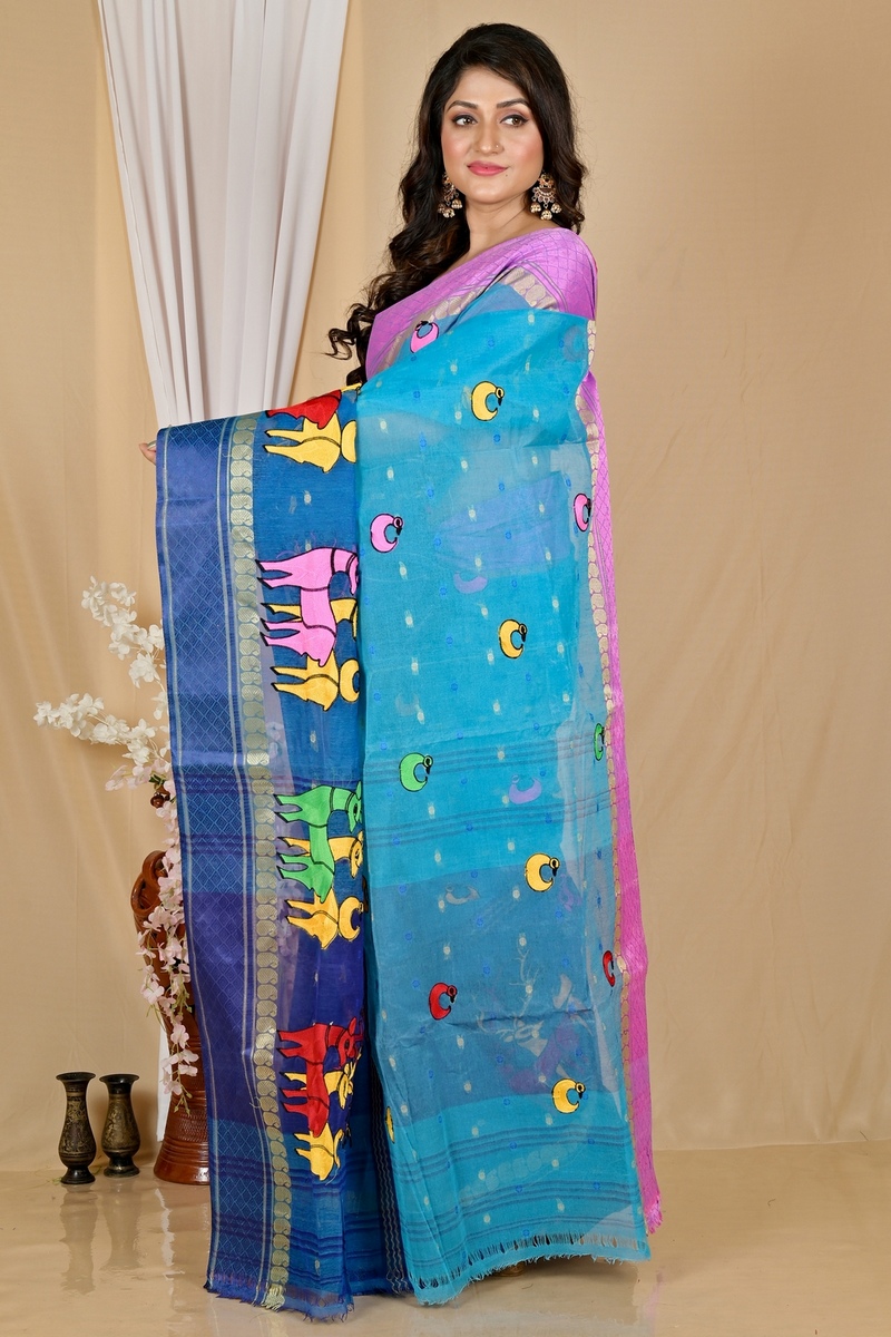 Blue Pure Cotton Embi Ganga Indra Tant Embroidery (1590)