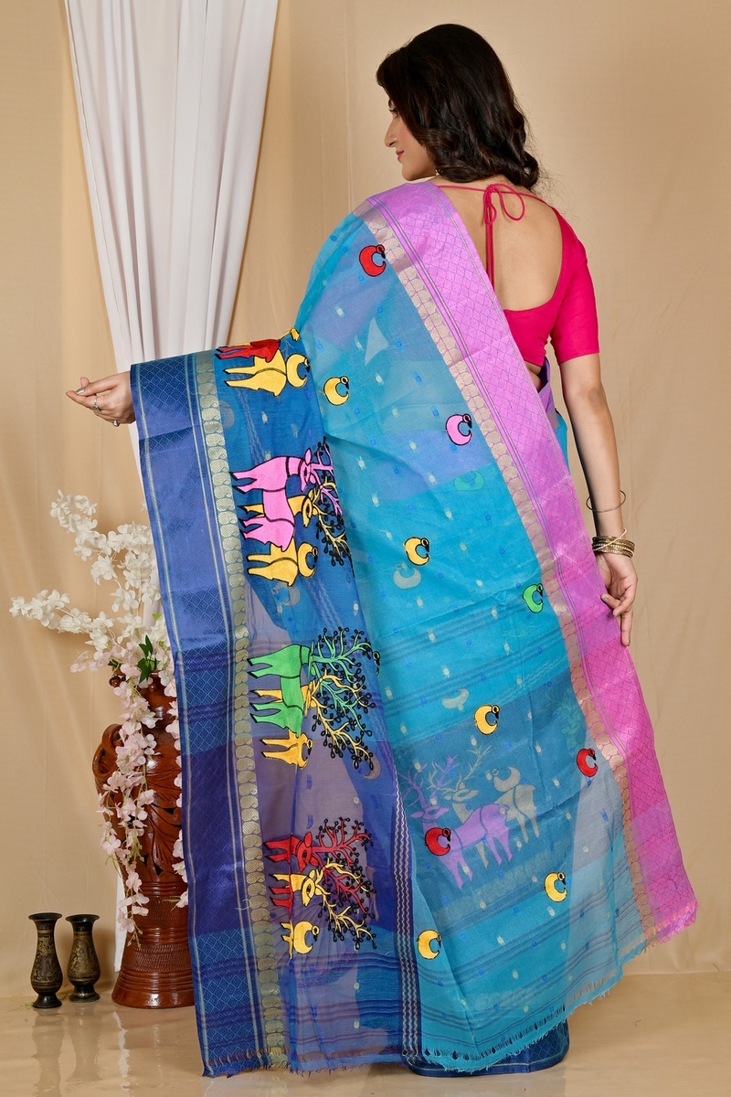 Blue Pure Cotton Embi Ganga Indra Tant Embroidery (1590)