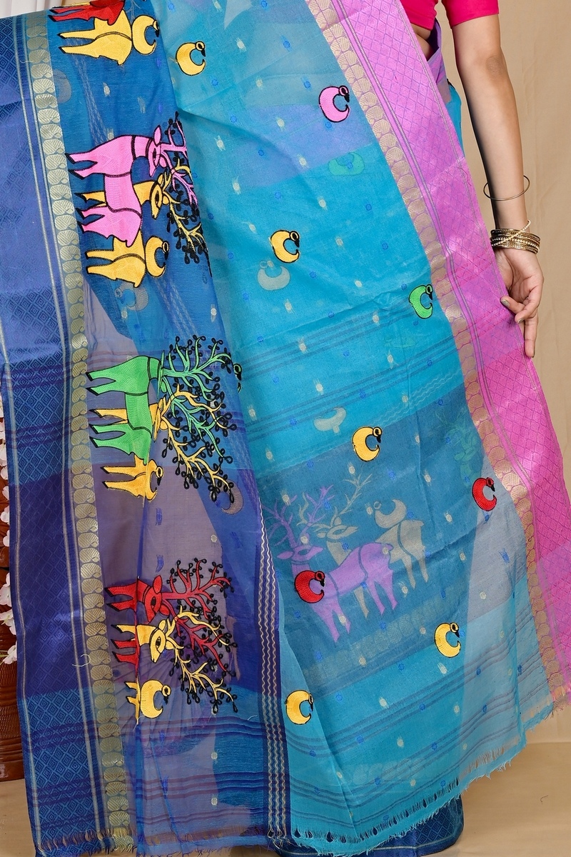 Blue Pure Cotton Embi Ganga Indra Tant Embroidery (1590)