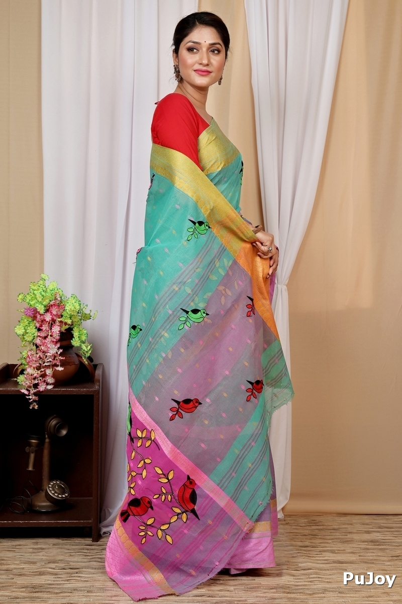 See Green and Pink Pure Cotton Embi Ganga Chari Tant Embroidery (1591)