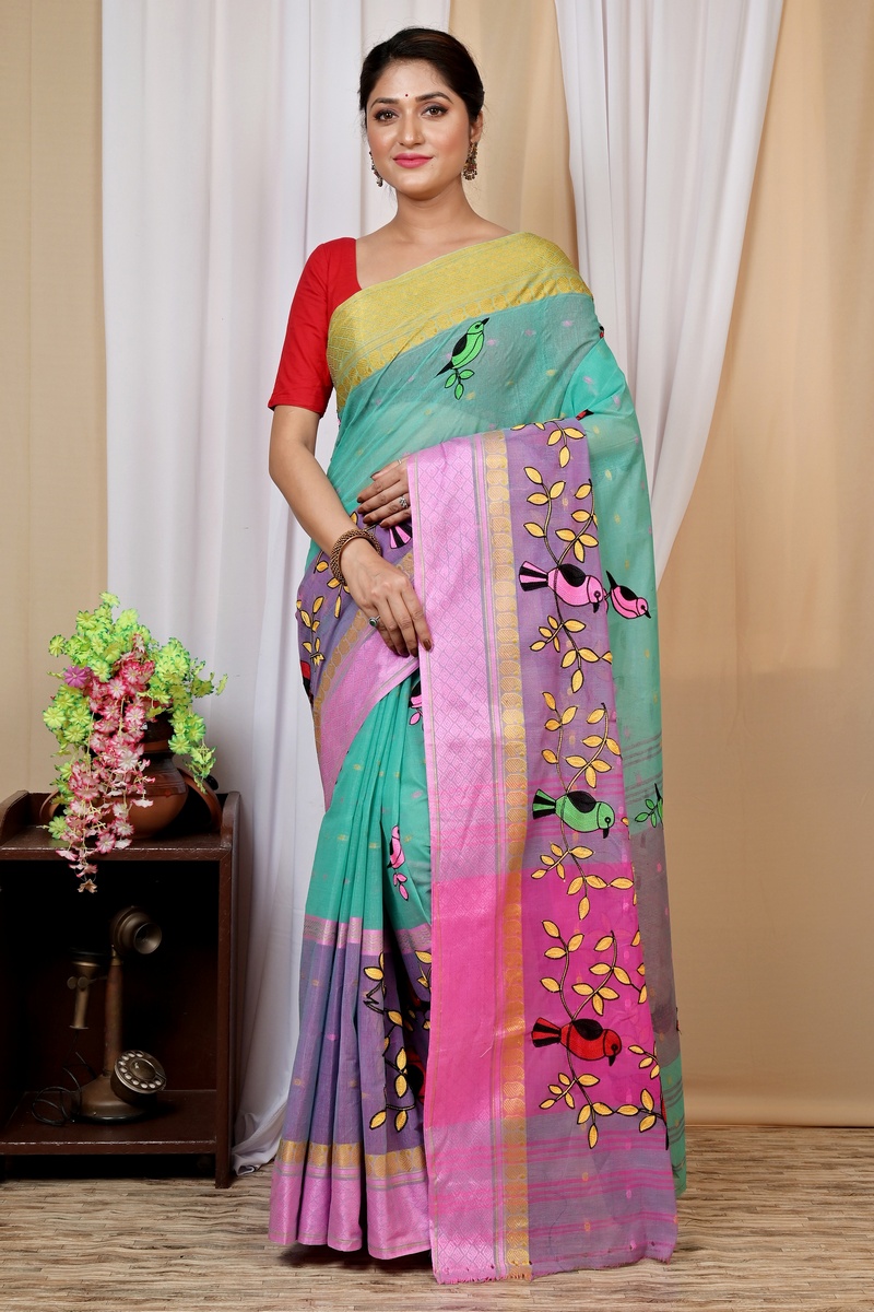 See Green and Pink Pure Cotton Embi Ganga Chari Tant Embroidery (1591)