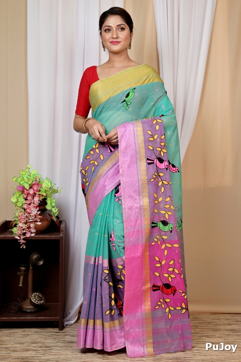 See Green and Pink Pure Cotton Embi Ganga Chari Tant Embroidery (1591)