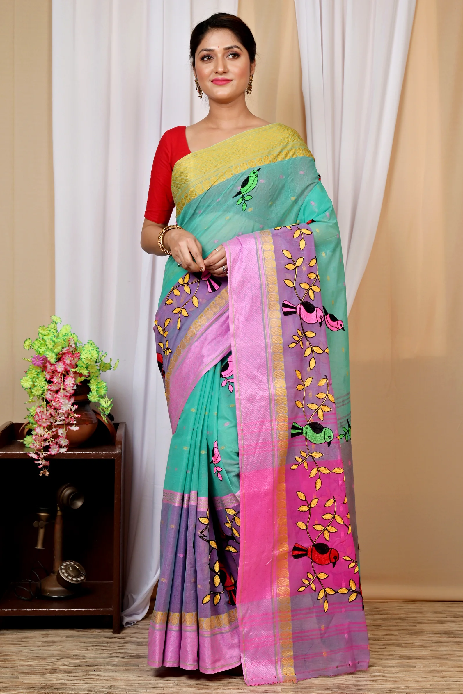 See Green and Pink Pure Cotton Embi Ganga Chari Tant Embroidery (1591)