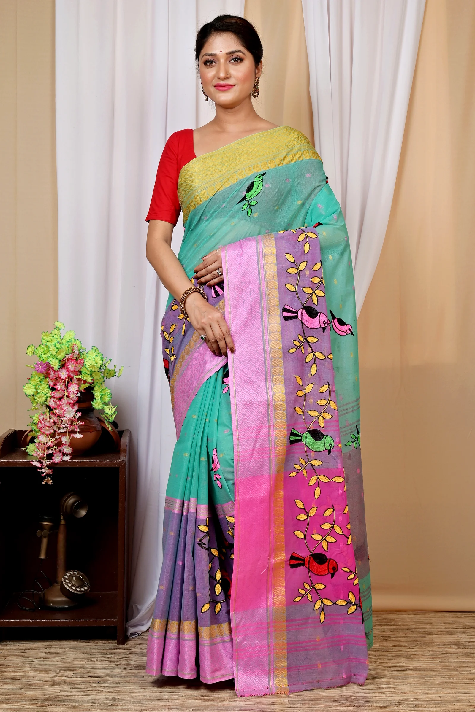See Green and Pink Pure Cotton Embi Ganga Chari Tant Embroidery (1591)