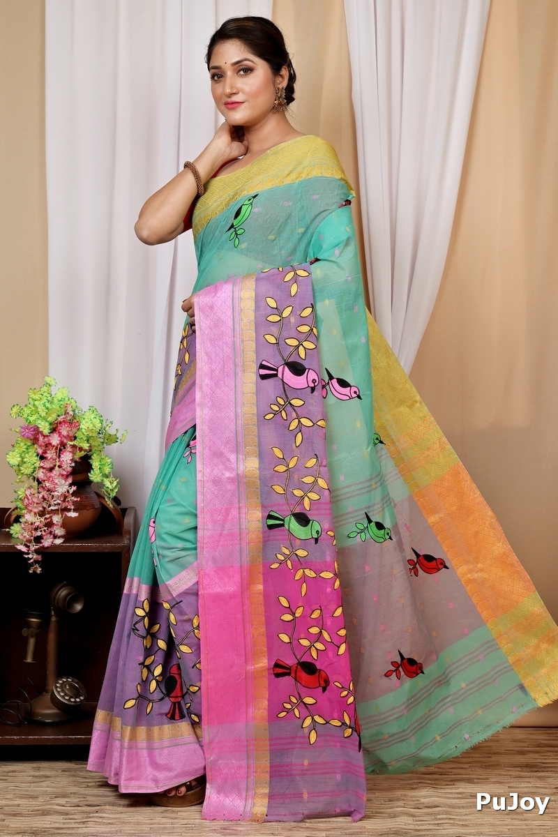 See Green and Pink Pure Cotton Embi Ganga Chari Tant Embroidery (1591)