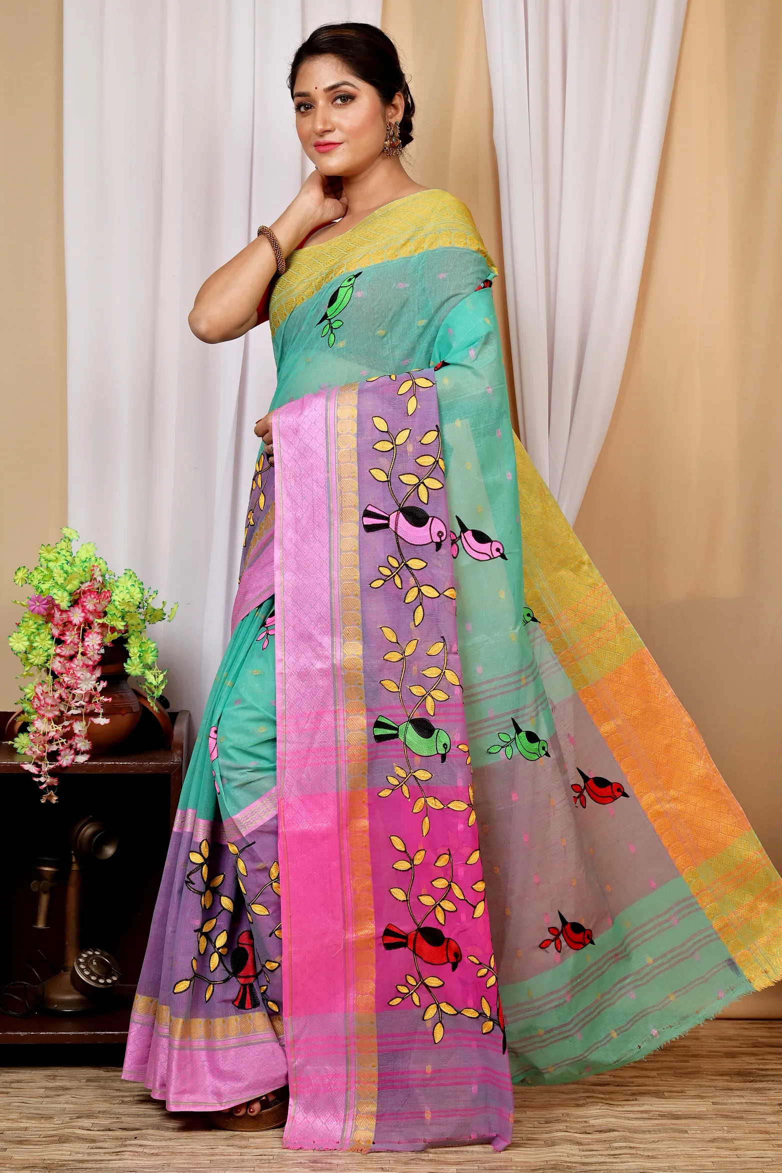 See Green and Pink Pure Cotton Embi Ganga Chari Tant Embroidery (1591)