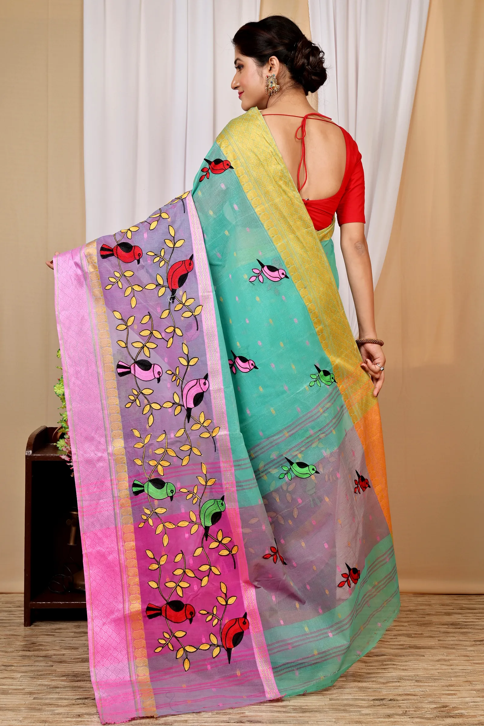 See Green and Pink Pure Cotton Embi Ganga Chari Tant Embroidery (1591)