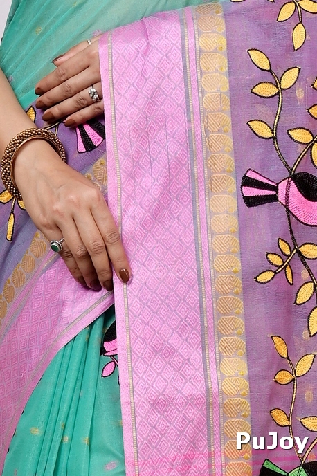 See Green and Pink Pure Cotton Embi Ganga Chari Tant Embroidery (1591)