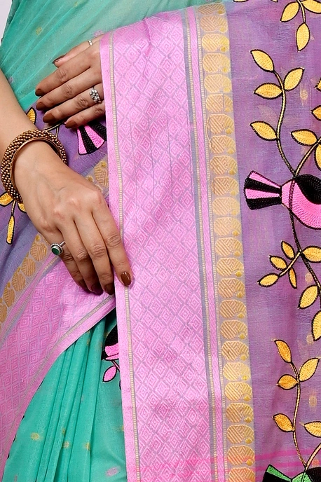 See Green and Pink Pure Cotton Embi Ganga Chari Tant Embroidery (1591)