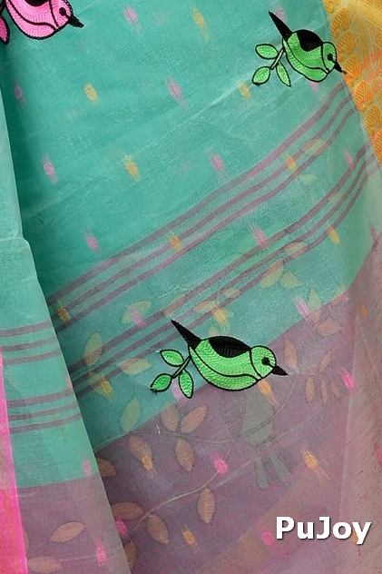 See Green and Pink Pure Cotton Embi Ganga Chari Tant Embroidery (1591)