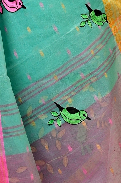 See Green and Pink Pure Cotton Embi Ganga Chari Tant Embroidery (1591)