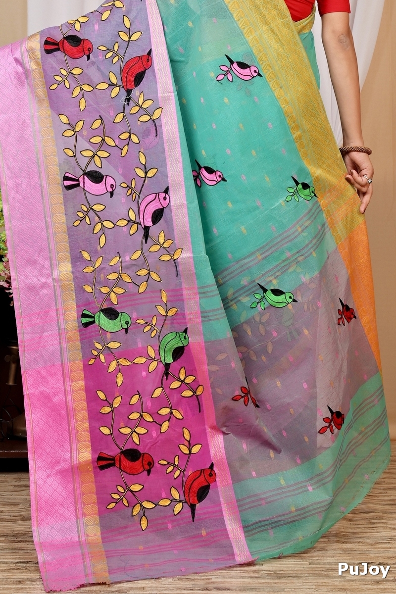See Green and Pink Pure Cotton Embi Ganga Chari Tant Embroidery (1591)