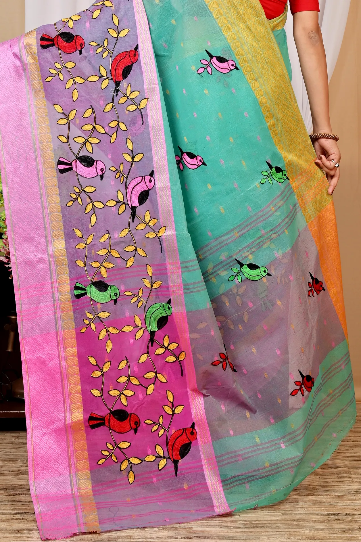 See Green and Pink Pure Cotton Embi Ganga Chari Tant Embroidery (1591)