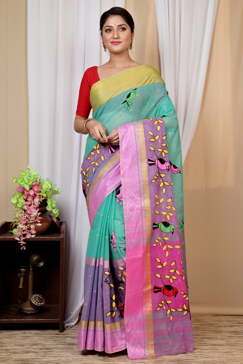 See Green and Pink Pure Cotton Embi Ganga Chari Tant Embroidery (1591)