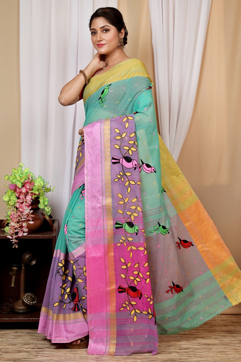 See Green and Pink Pure Cotton Embi Ganga Chari Tant Embroidery (1591)