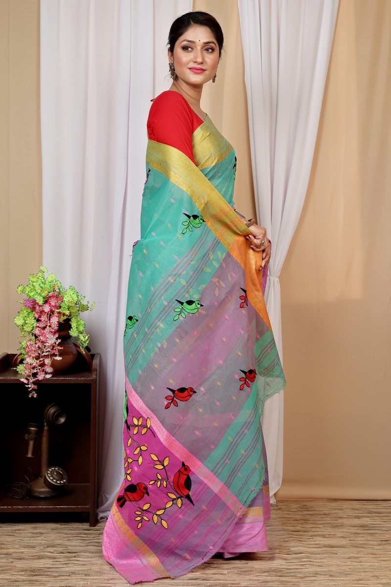 See Green and Pink Pure Cotton Embi Ganga Chari Tant Embroidery (1591)