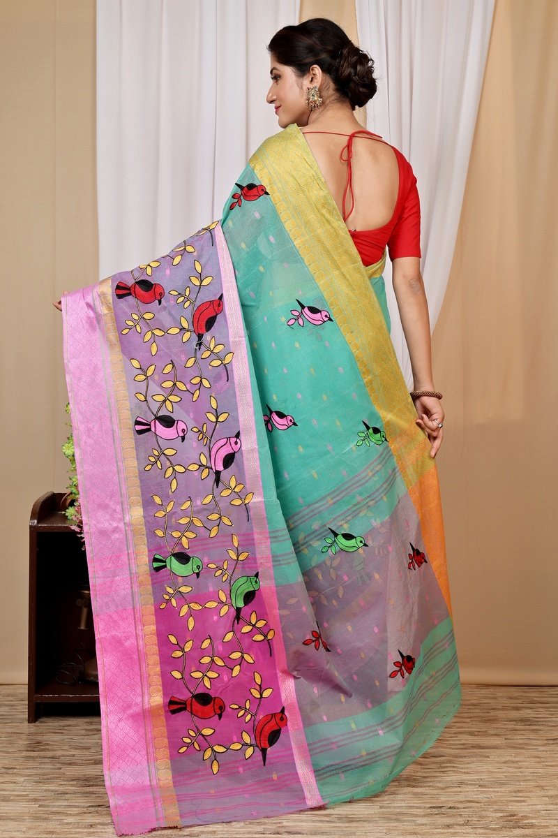 See Green and Pink Pure Cotton Embi Ganga Chari Tant Embroidery (1591)