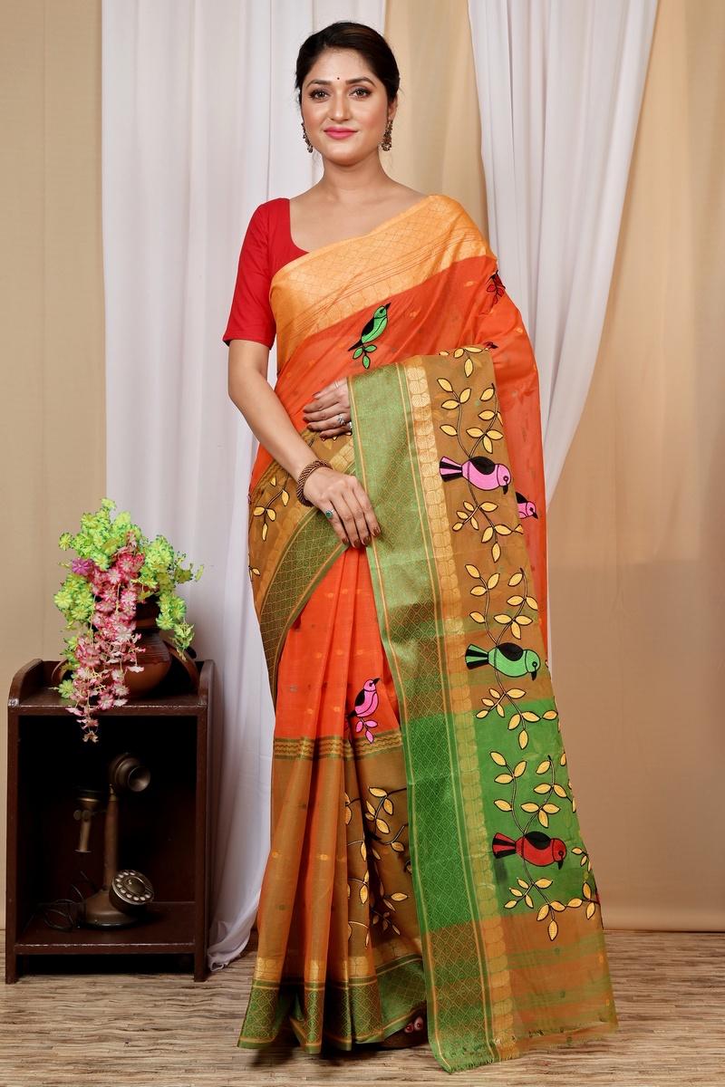 Orange Pure Cotton Embi Ganga Chari Tant Embroidery (1592)
