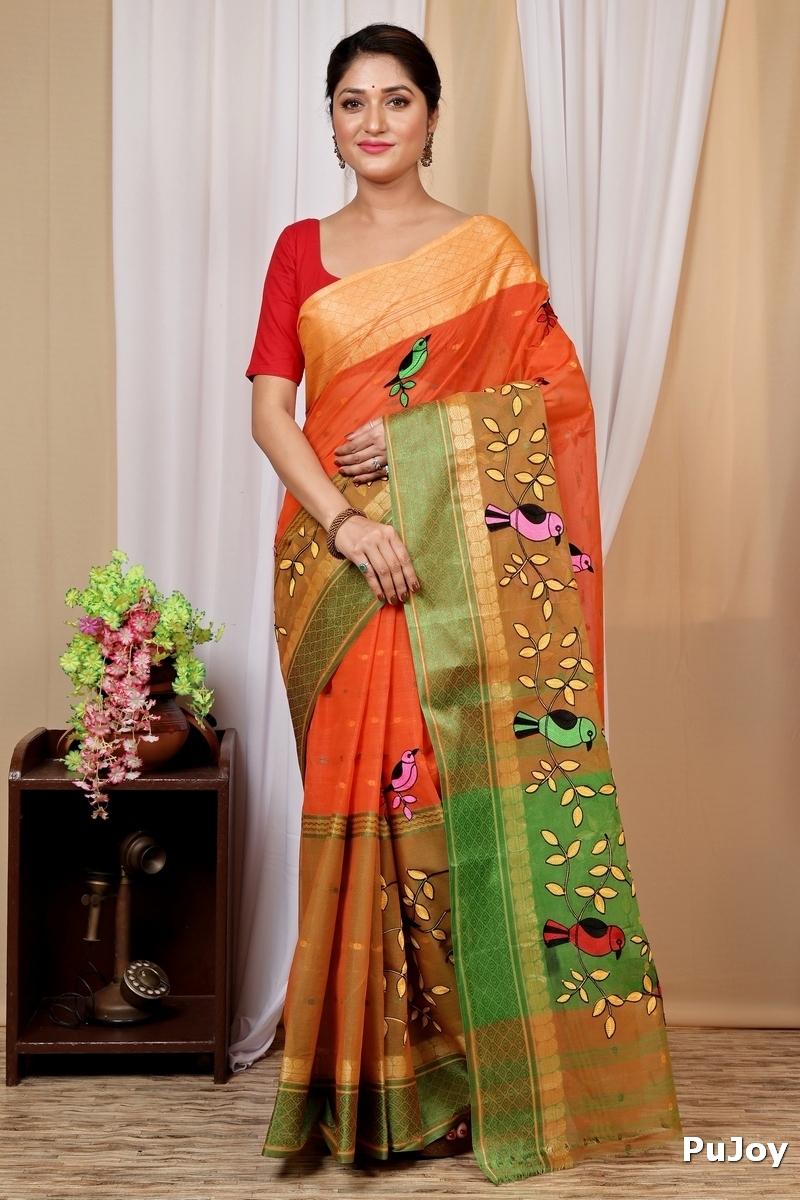 Orange Pure Cotton Embi Ganga Chari Tant Embroidery (1592)
