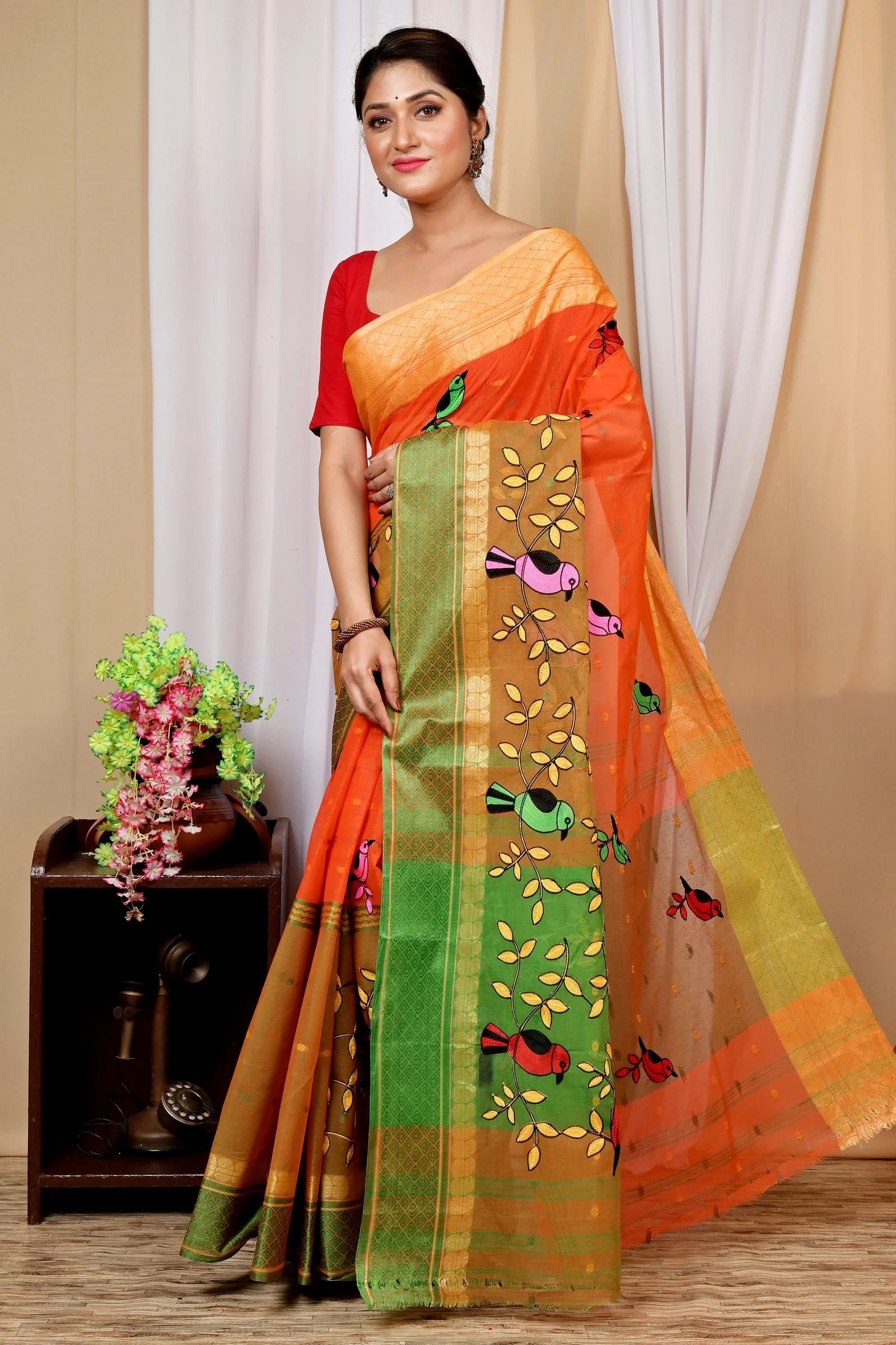Orange Pure Cotton Embi Ganga Chari Tant Embroidery (1592)